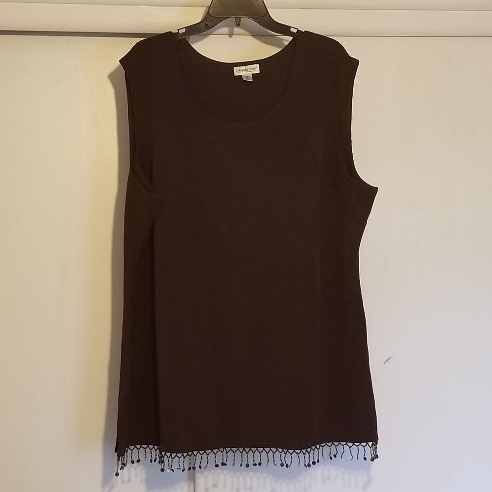 Brown Knit Shell with Beaded Fringe